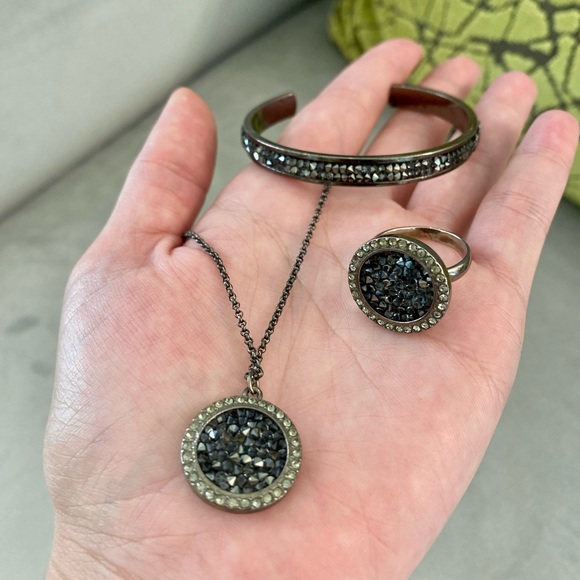 Forever Crystals Classic Black Swarovski Necklace, Ring and